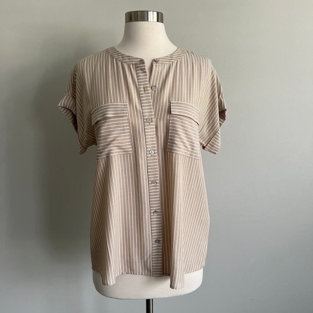 J. Jill Pocket Front Rolled Sleeve Blouse Tan White Stripe Button Up Rayon XS